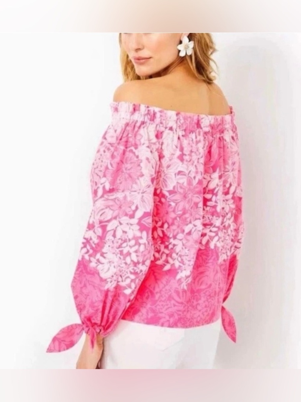 Off-Shoulder Pink Floral Blouse - Picture 2 of 8